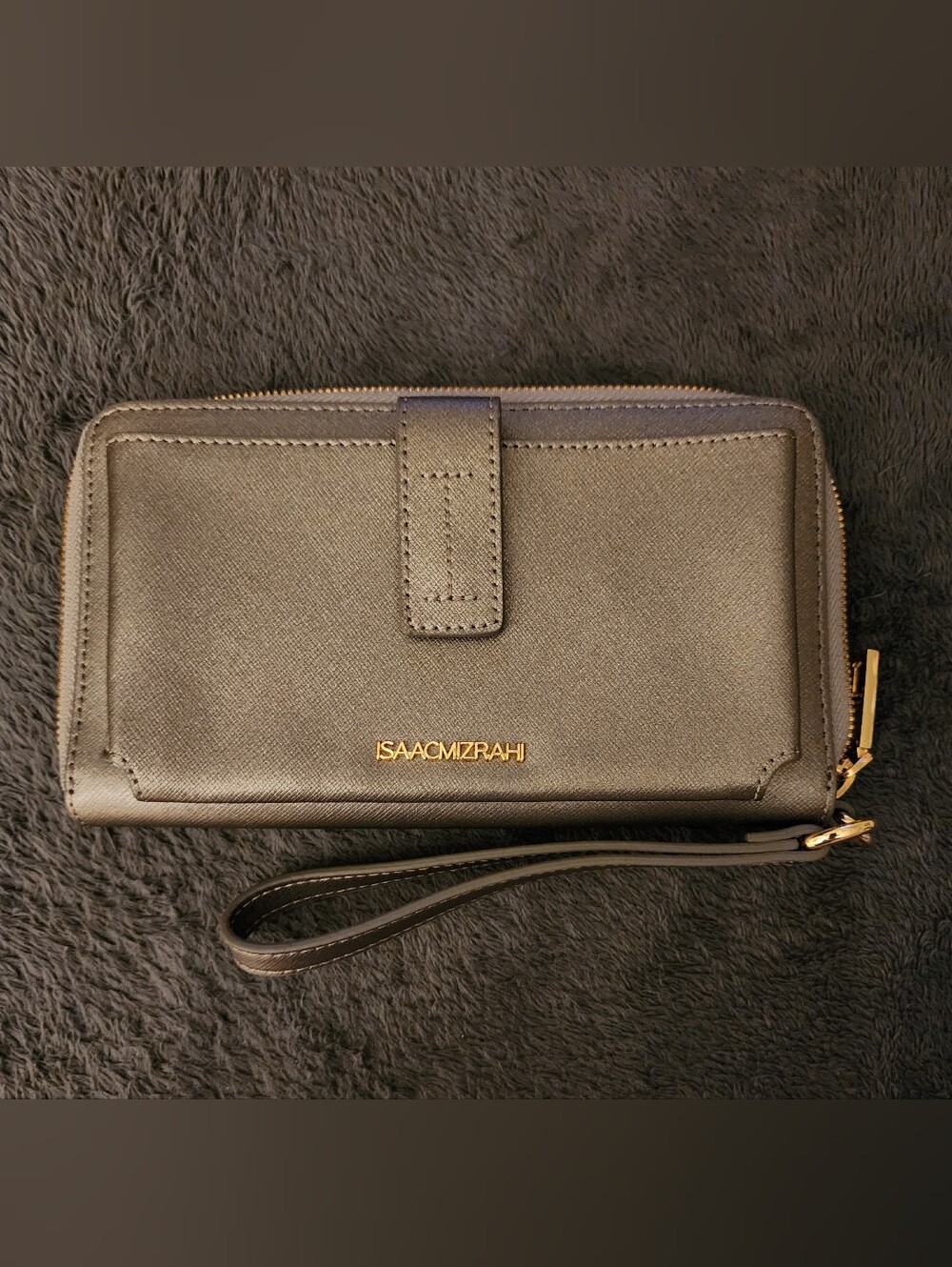 Isaac Mizrahi Metallic Champagne Silver Saffiano Leather Wristlet Wallet